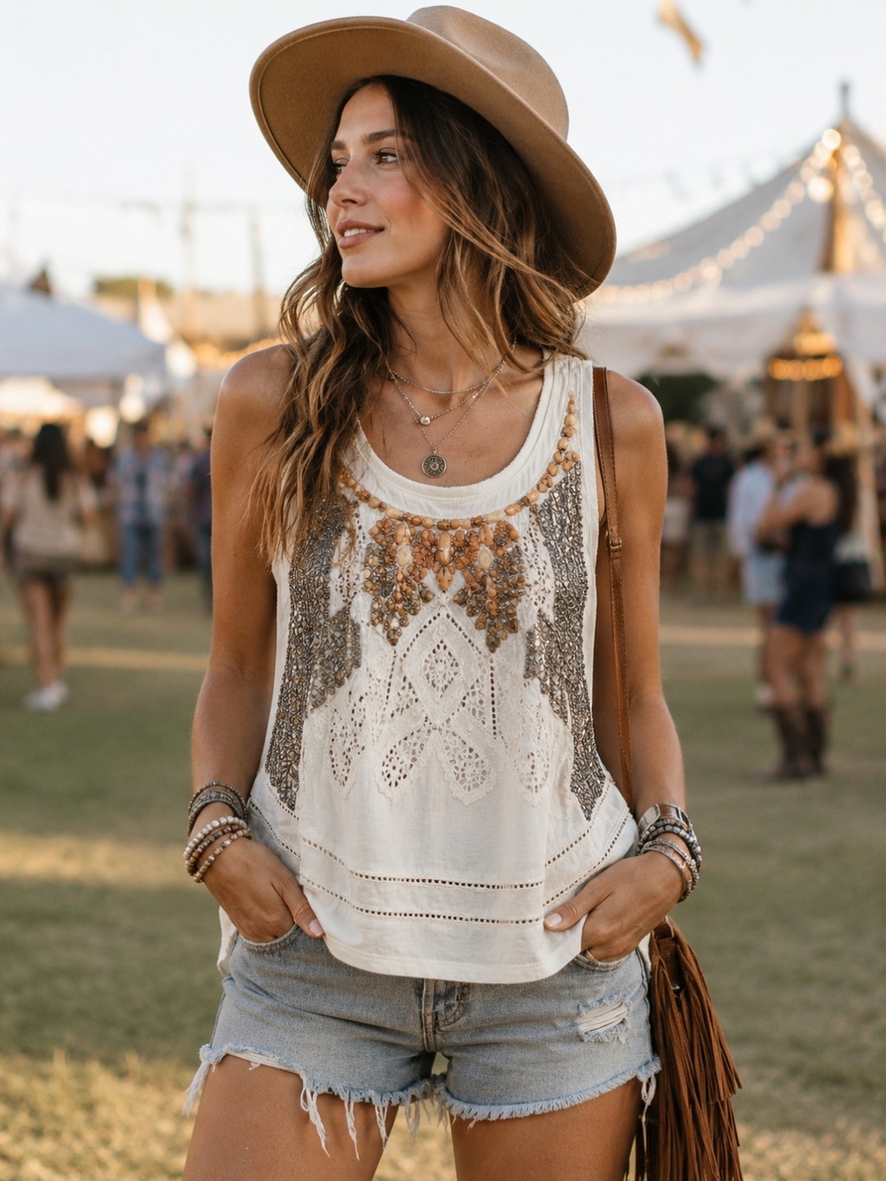 Anthropologie Meadow Rue Ivory Embellished Boho Tank Top Beaded Lace Large EUC